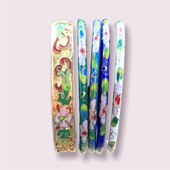 Vintage Bangle Bracelets Floral Cloisonné Jewelry Lot - Picture 2 of 12